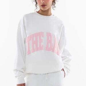 The Bar Varsity Sweatshirt Women's White Crewneck with Pink Print